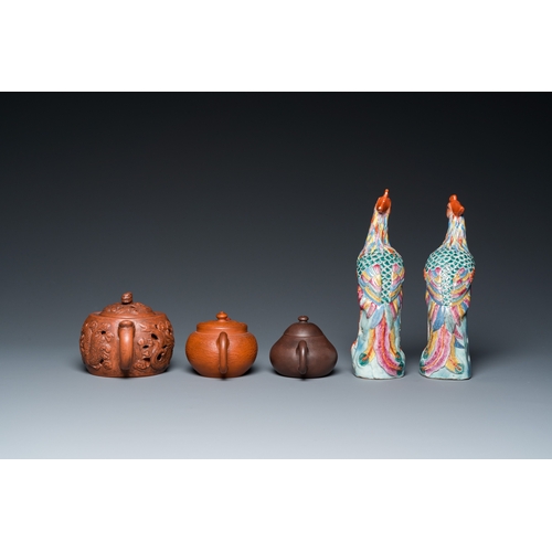 37 - Three Chinese Yixing stoneware teapots with covers and a pair of famille rose pheasants, 19/20th C.H... 