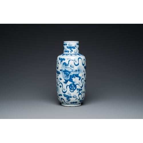 46 - A Chinese blue and white 'Buddhist lions' vase and a 'langyao' bowl, 19/20th C.H.: 38 cm (the vase)D... 