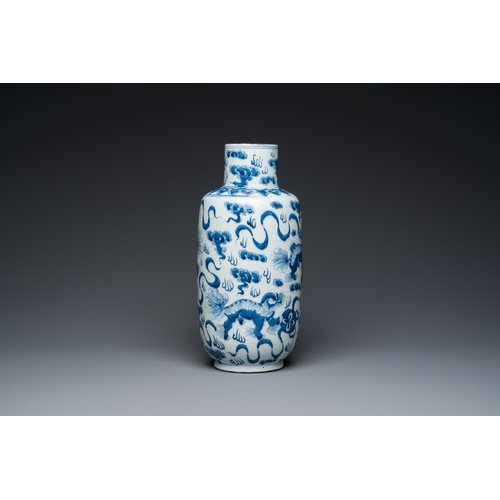 46 - A Chinese blue and white 'Buddhist lions' vase and a 'langyao' bowl, 19/20th C.H.: 38 cm (the vase)D... 