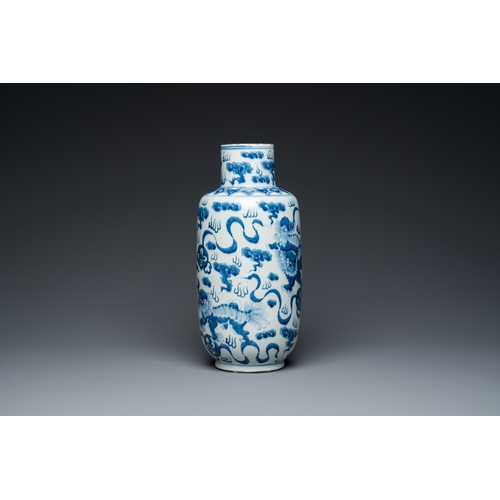 46 - A Chinese blue and white 'Buddhist lions' vase and a 'langyao' bowl, 19/20th C.H.: 38 cm (the vase)D... 