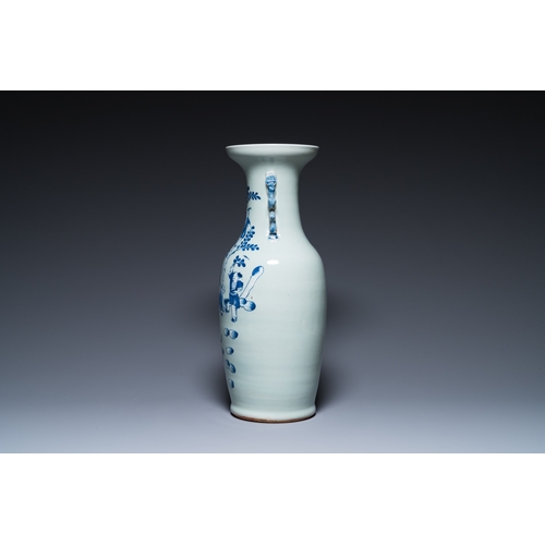 47 - A Chinese blue and white celadon-ground vase, a pair of Nanking vases and a famille verte fish bowl,... 