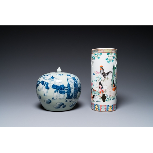 48 - Three Chinese famille rose vases, a hat stand and a blue and white celadon-ground jar and cover, 19t... 