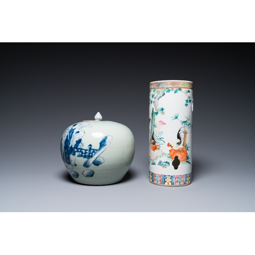 48 - Three Chinese famille rose vases, a hat stand and a blue and white celadon-ground jar and cover, 19t... 