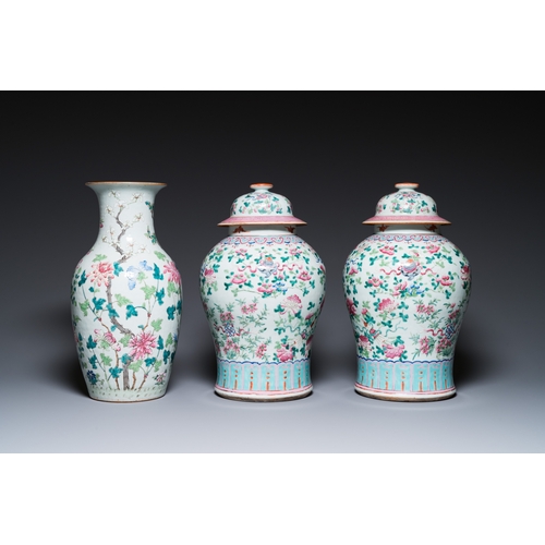 48 - Three Chinese famille rose vases, a hat stand and a blue and white celadon-ground jar and cover, 19t... 