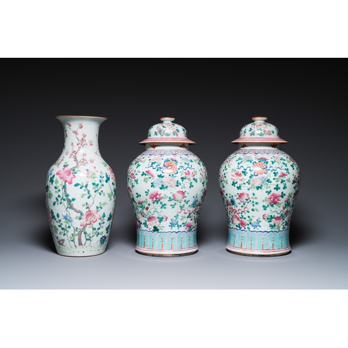 48 - Three Chinese famille rose vases, a hat stand and a blue and white celadon-ground jar and cover, 19t... 