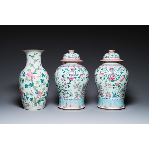 48 - Three Chinese famille rose vases, a hat stand and a blue and white celadon-ground jar and cover, 19t... 