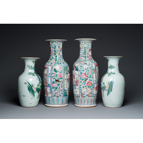 54 - Two pairs of Chinese famille rose vases, 19th C.H.: 66,5 cm (the tallest incl. stand)H.: 61,5 cm (th... 