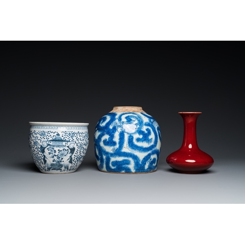 59 - Three Chinese blue and white vases and a monochrome red vase, 19th C.H.: 44,5 cm (the tallest vase)D... 