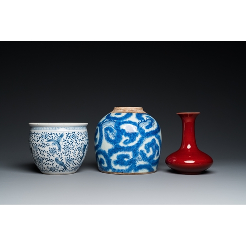 59 - Three Chinese blue and white vases and a monochrome red vase, 19th C.H.: 44,5 cm (the tallest vase)D... 