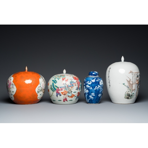 6 - Four Chinese famille rose and blue and white covered jars, 19/20th C.H.: 30,5 cm (the tallest)... 