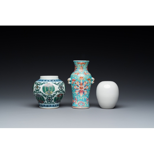 62 - Three small Chinese doucai and famille rose vases, 19/20th C.H.: 13 cm (the tallest)