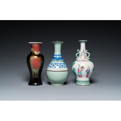 64 - A Chinese famille rose, a flambe-glazed and a blue and white celadon-ground vase, 19/20th C.H.: 23 c... 