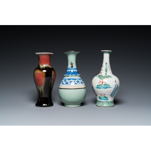 64 - A Chinese famille rose, a flambe-glazed and a blue and white celadon-ground vase, 19/20th C.H.: 23 c... 