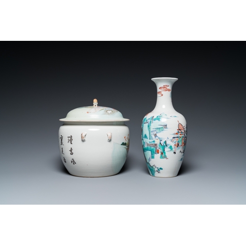 65 - A Chinese doucai vase and a qianjiang cai bowl and cover, 19/20th C.H.: 27,5 cm (the vase)H.: 22 cm ... 