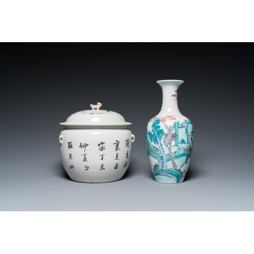 65 - A Chinese doucai vase and a qianjiang cai bowl and cover, 19/20th C.H.: 27,5 cm (the vase)H.: 22 cm ... 