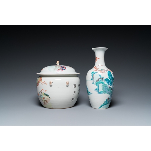 65 - A Chinese doucai vase and a qianjiang cai bowl and cover, 19/20th C.H.: 27,5 cm (the vase)H.: 22 cm ... 