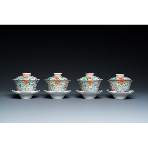 67 - Four Chinese famille rose millefleurs covered bowls on stands, Qianlong mark, RepublicDia.: 10,5 cm ... 