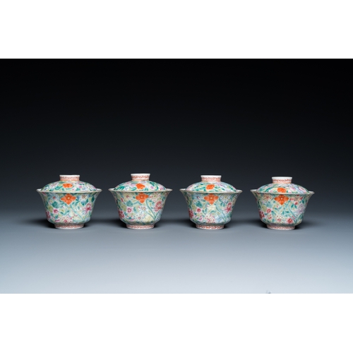 67 - Four Chinese famille rose millefleurs covered bowls on stands, Qianlong mark, RepublicDia.: 10,5 cm ... 