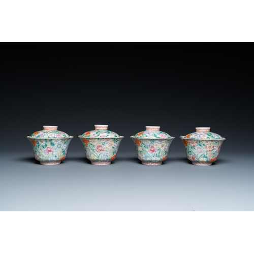 67 - Four Chinese famille rose millefleurs covered bowls on stands, Qianlong mark, RepublicDia.: 10,5 cm ... 