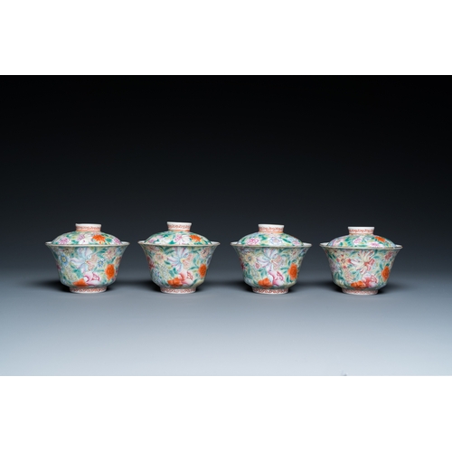 67 - Four Chinese famille rose millefleurs covered bowls on stands, Qianlong mark, RepublicDia.: 10,5 cm ... 