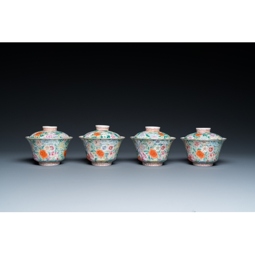 67 - Four Chinese famille rose millefleurs covered bowls on stands, Qianlong mark, RepublicDia.: 10,5 cm ... 