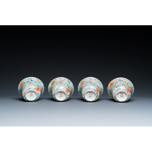 67 - Four Chinese famille rose millefleurs covered bowls on stands, Qianlong mark, RepublicDia.: 10,5 cm ... 