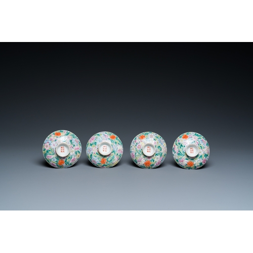 67 - Four Chinese famille rose millefleurs covered bowls on stands, Qianlong mark, RepublicDia.: 10,5 cm ... 