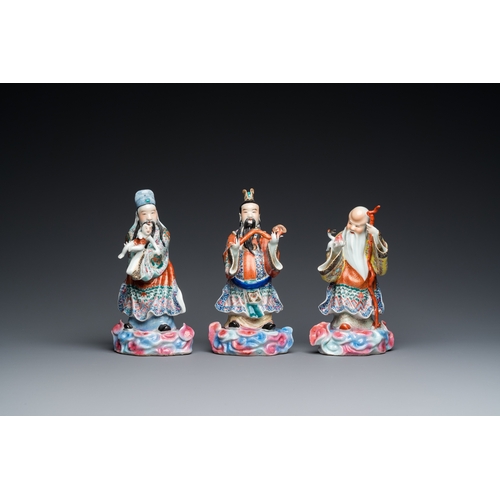 70 - Three Chinese famille rose sculptures of star gods, seal mark, 19/20th C.H.: 24 cm (the tallest incl... 