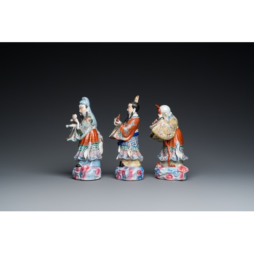 70 - Three Chinese famille rose sculptures of star gods, seal mark, 19/20th C.H.: 24 cm (the tallest incl... 