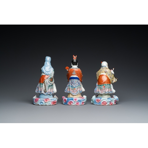 70 - Three Chinese famille rose sculptures of star gods, seal mark, 19/20th C.H.: 24 cm (the tallest incl... 