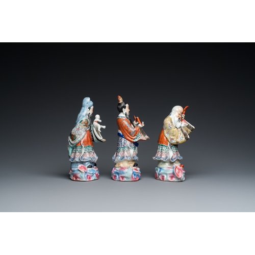 70 - Three Chinese famille rose sculptures of star gods, seal mark, 19/20th C.H.: 24 cm (the tallest incl... 