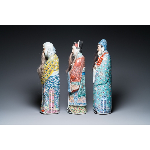 73 - Three Chinese famille rose figures of star gods, Zhu Rong Ji Zao æ±æ¦®è¨é  mark, 19/20th C.H.: 64... 