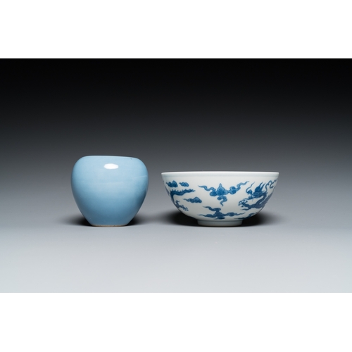 74 - A Chinese blue and white 'dragon' bowl and a lavender-blue-glazed brushwasher, Qianlong mark, 19/20t... 