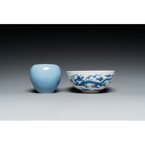 74 - A Chinese blue and white 'dragon' bowl and a lavender-blue-glazed brushwasher, Qianlong mark, 19/20t... 