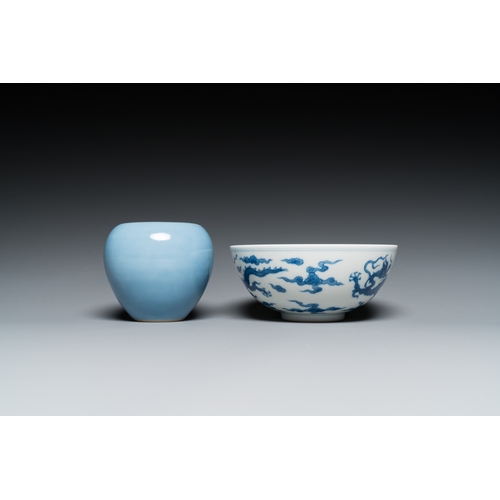 74 - A Chinese blue and white 'dragon' bowl and a lavender-blue-glazed brushwasher, Qianlong mark, 19/20t... 