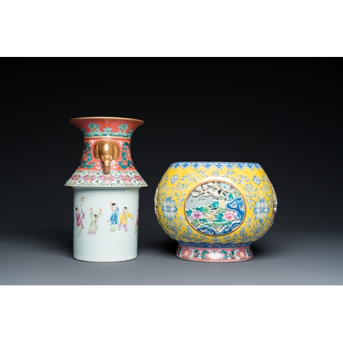 75 - A Chinese reticulated and revolving famille rose vase consisting of two parts, Qianlong mark, 20th C... 