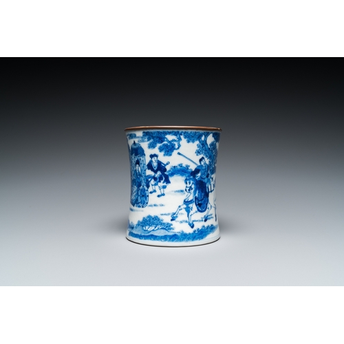 91 - A Chinese blue and white brush pot, Kangxi mark, 19th C.H.: 13,5 cm - Dia.: 12,5 cm