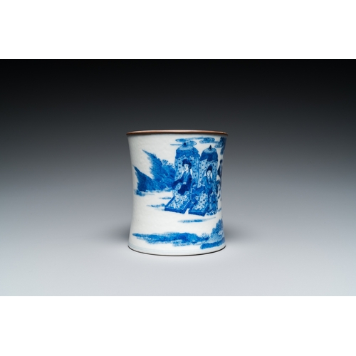 91 - A Chinese blue and white brush pot, Kangxi mark, 19th C.H.: 13,5 cm - Dia.: 12,5 cm