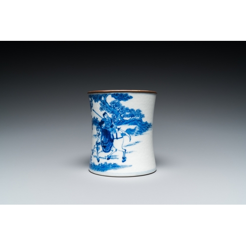 91 - A Chinese blue and white brush pot, Kangxi mark, 19th C.H.: 13,5 cm - Dia.: 12,5 cm