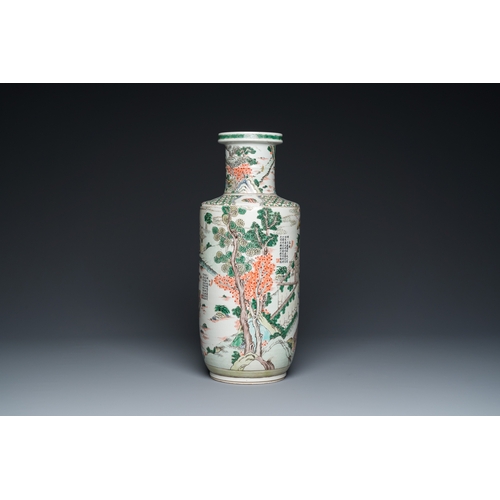 103 - A fine Chinese famille verte rouleau 'rice production' vase, 19th C.H.: 45,5 cm