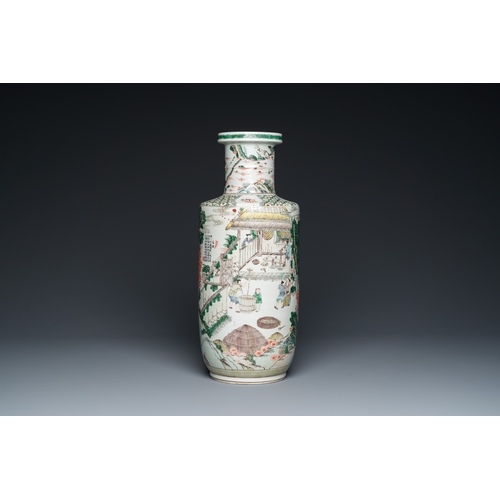 103 - A fine Chinese famille verte rouleau 'rice production' vase, 19th C.H.: 45,5 cm