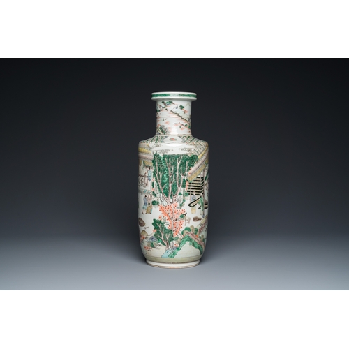 103 - A fine Chinese famille verte rouleau 'rice production' vase, 19th C.H.: 45,5 cm