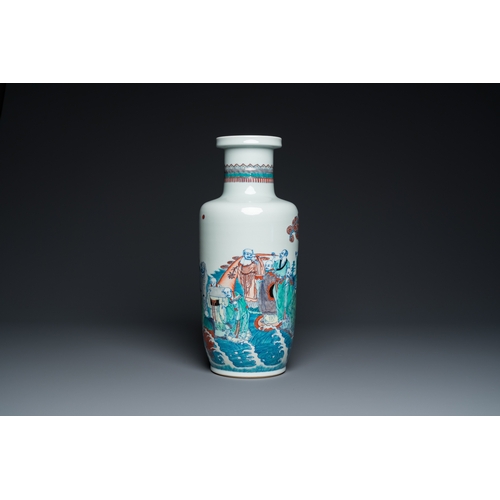 109 - A Chinese doucai 'eighteen Luohan' rouleau vase, 19th/20 C.H.: 45,5 cm