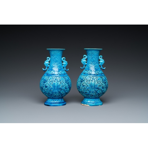 114 - A pair of Chinese turquoise-glazed 'lotus' vases, RepublicH.: 21,5 cm
 
 Condition: (UV-checked)- Th... 