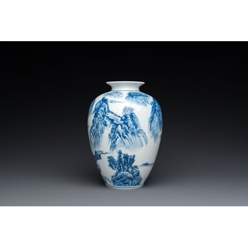 118 - A Chinese blue and white 'mountainous landscape' vase, Kangxi mark, RepublicH.: 20 cm