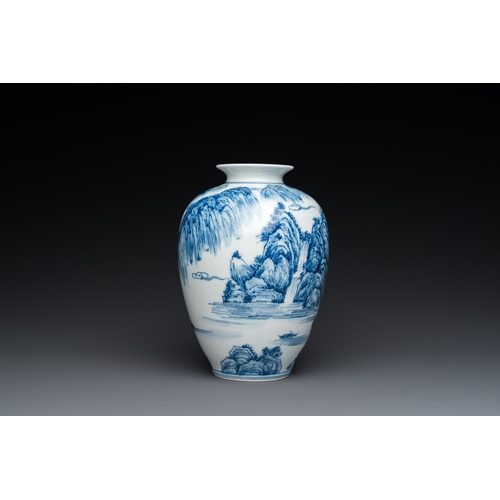 118 - A Chinese blue and white 'mountainous landscape' vase, Kangxi mark, RepublicH.: 20 cm