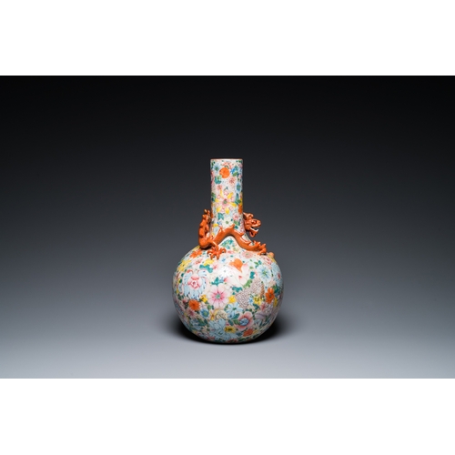 128 - A Chinese famille rose 'millefleurs' bottle vase, Qianlong mark, RepublicH.: 40 cm