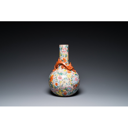 128 - A Chinese famille rose 'millefleurs' bottle vase, Qianlong mark, RepublicH.: 40 cm