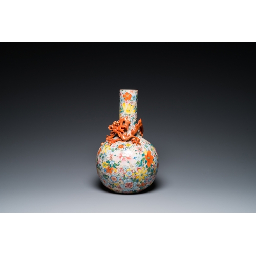 128 - A Chinese famille rose 'millefleurs' bottle vase, Qianlong mark, RepublicH.: 40 cm