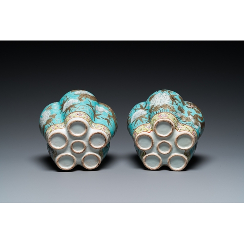 132 - A pair of Chinese famille rose turquoise-ground flower vases with dragons, 19th C.H.: 28 cm... 